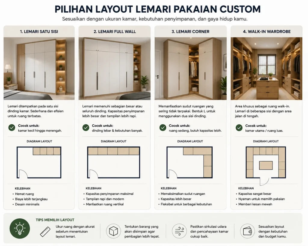 lemari pakaian custom di Pekanbaru - pilihan layout lemari pakaian custom